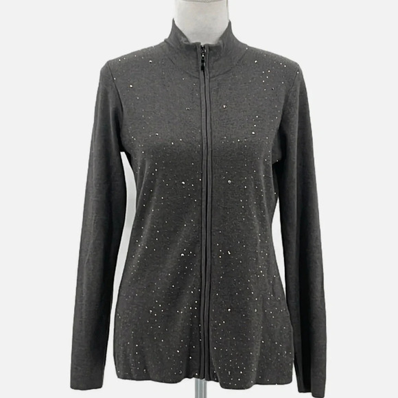 Vila Zip Front Mock Neck Studded Cardigan Sweater Heather Charcoal - NEW - Med. - Picture 1 of 7